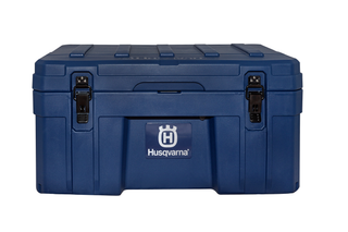 Front view of a Husqvarna storage box with secure latches.
