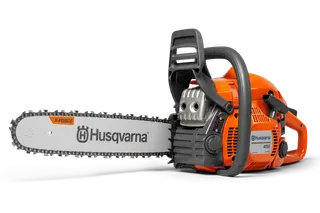 Side view of a Husqvarna chainsaw with X-Force bar and chain.
