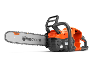 Side view of a Husqvarna chainsaw with visible chain and handle.