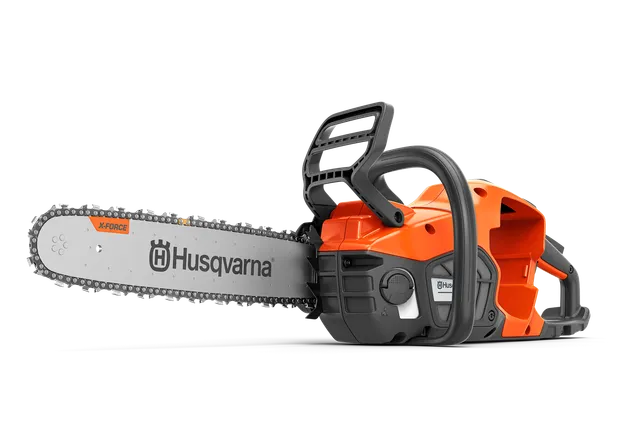 Side view of a Husqvarna chainsaw with visible chain and handle.