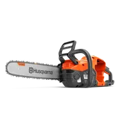 Side view of a Husqvarna chainsaw with visible chain and handle.