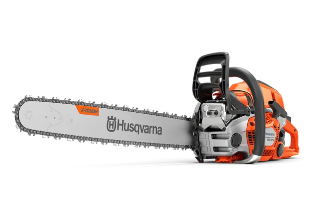 Side view of a Husqvarna chainsaw with X-Torq technology.