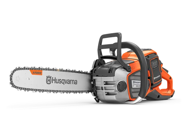Side view of a Husqvarna chainsaw with X-Force bar and ergonomic handle.
