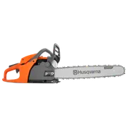 Side view of a Husqvarna chainsaw with visible chain and handle.