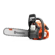 Side view of a Husqvarna chainsaw showcasing its blade and ergonomic handle.
