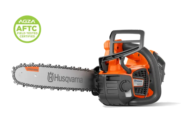 Studio side view of a chainsaw with guide bar and chain; 'AGZA AFTC Certified' badge at top left.