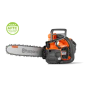 Studio side view of a chainsaw with guide bar and chain; 'AGZA AFTC Certified' badge at top left.
