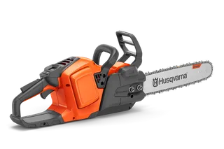 Side view of a chainsaw, showcasing its ergonomic handle and cutting bar.
