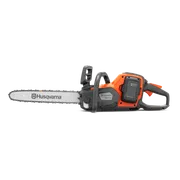 Side view of a Husqvarna battery-powered chainsaw.