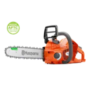 Side view of a Husqvarna chainsaw with guide bar and chain; AGZA AFTC certification badge.