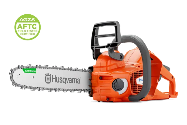 Side view of a Husqvarna chainsaw with guide bar and chain; AGZA AFTC certification badge.