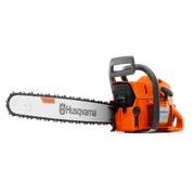 Side view of a Husqvarna chainsaw with visible branding on the blade.