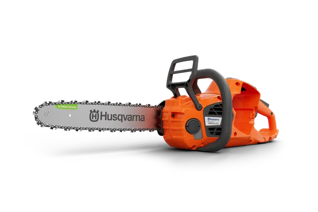 Husqvarna 435i. Side view of a Husqvarna chainsaw with a visible chain and ergonomic handle.