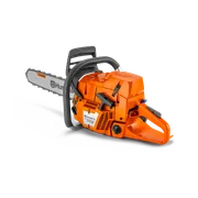 Side view of a Husqvarna chainsaw with a visible chain and handle.