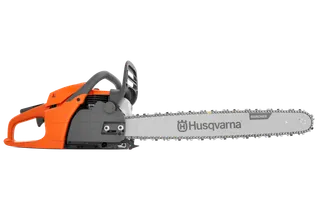 Side view of a Husqvarna chainsaw with Rancher branding.