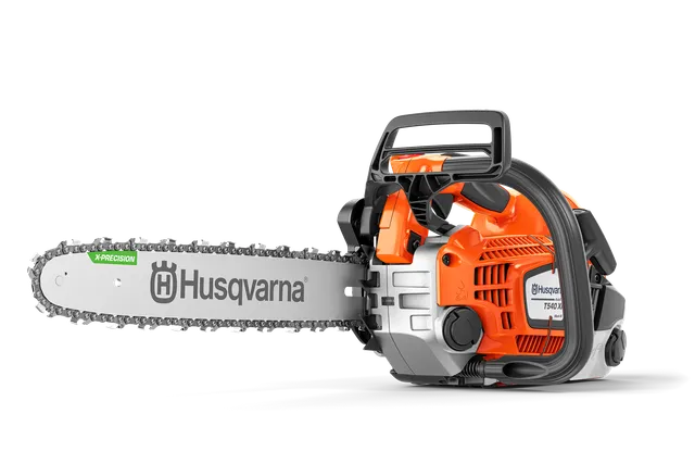 Side view of a Husqvarna chainsaw with visible branding.