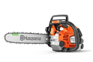 Side view of a Husqvarna chainsaw with visible branding.