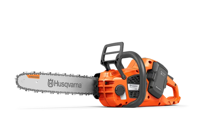 Husqvarna 435i. Side view of a Husqvarna chainsaw with battery compartment.