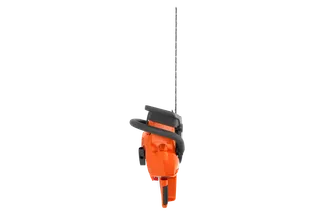 Side view of a chainsaw with a long cutting bar.