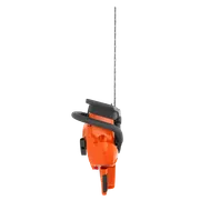Side view of a chainsaw with a long cutting bar.