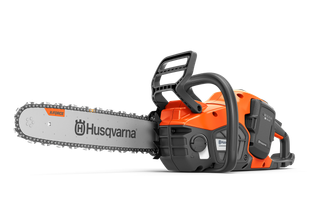 Side view of a chainsaw with visible chain and handle.