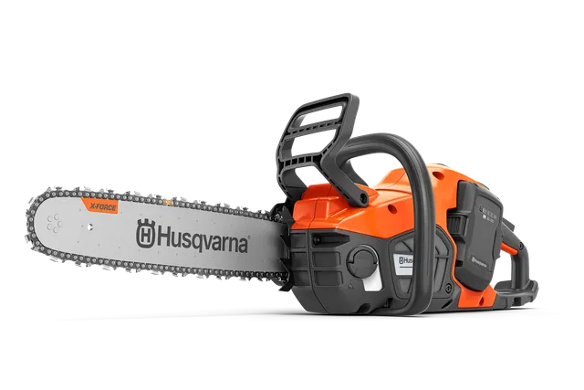 Side view of a chainsaw with visible chain and handle.