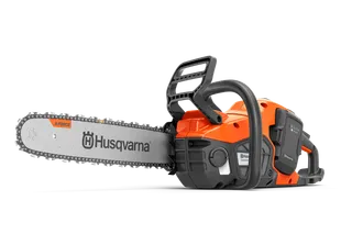 Side view of a chainsaw with visible chain and handle.