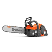 Side view of a chainsaw with visible chain and handle.