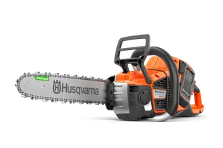 Side view of a Husqvarna battery-powered chainsaw.