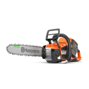 Side view of a Husqvarna battery-powered chainsaw.