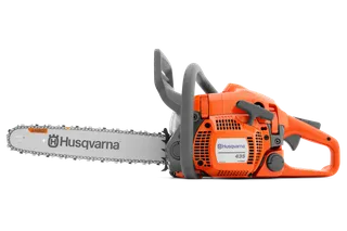 Side view of a Husqvarna chainsaw with visible branding and model number 435.