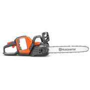 Side view of a Husqvarna chainsaw with visible branding on the blade.