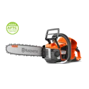 Side view of a Husqvarna chainsaw with guide bar and chain, studio shot with AGZA AFTC badge.