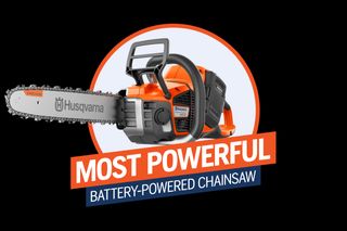 Front view of a Husqvarna battery-powered chainsaw with text overlay stating 'Most Powerful Battery-Powered Chainsaw'.