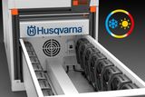 Husqvarna battery storage system with multiple batteries and temperature control icons.