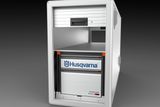 Front view of a Husqvarna storage cabinet with sliding drawers.