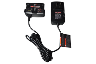 Top view of a lithium-ion battery charger with attached power cord.