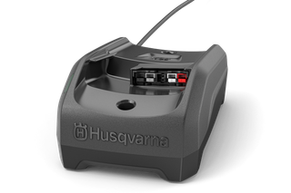 Front view of a Husqvarna battery charger with visible cable.
