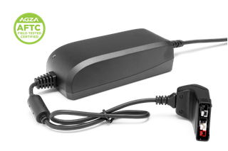 Power adapter with cable and connector, studio side view; AGZA AFTC certified badge shown.
