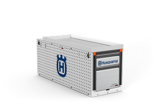 Front view of a Husqvarna storage box with perforated design and branding.