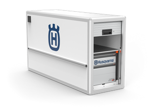 Front view of a Husqvarna battery storage unit with visible battery compartment.