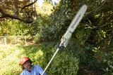 A person using a Husqvarna pole saw to trim branches in a garden.