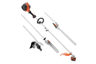 A set of multi-functional gardening tools with interchangeable attachments, including a hedge trimmer, pole saw, and edger.