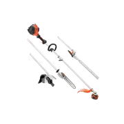 A set of multi-functional gardening tools with interchangeable attachments, including a hedge trimmer, pole saw, and edger.