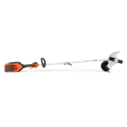Side view of a Husqvarna battery-powered grass trimmer with ergonomic handle.