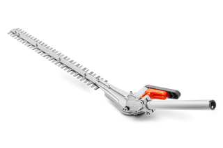 Side view of a hedge trimmer attachment with an adjustable angle feature.