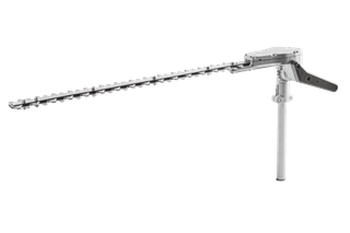 Side view of a hedge trimmer attachment for a gardening tool.