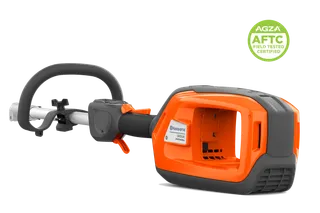 Studio close-up of a handheld garden power tool showing its battery compartment, with an “AGZA AFTC Field Tested Certified” badge in the top-right.