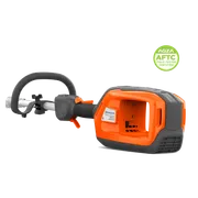 Studio close-up of a handheld garden power tool showing its battery compartment, with an “AGZA AFTC Field Tested Certified” badge in the top-right.