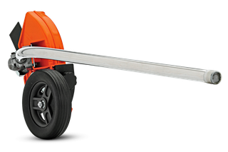 Side view of a construction power cutter with a long guide bar and wheels.